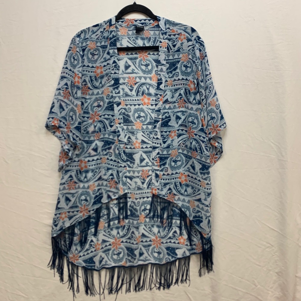 Disney Moana Kimono Wrap Blue Orange Tribal Floral Fringe Chiffon Cardigan LG